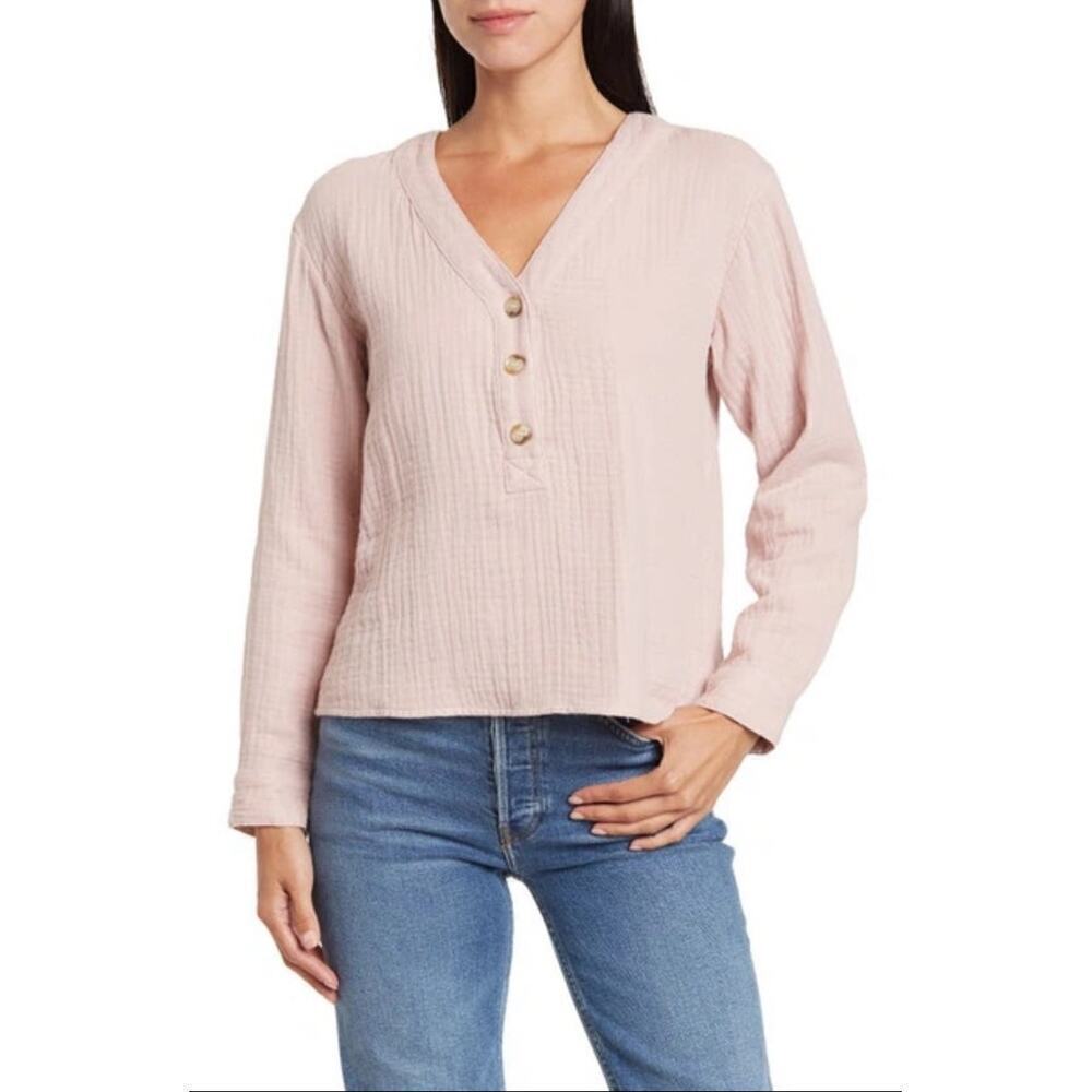 Madewell top long sleeve henley quilted cotton pink soft lightweight casual M